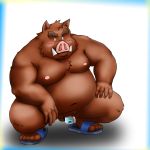  1:1 2013 anthro balls belly blush brown_body brown_fur censored clothing flaccid footwear fur genitals humanoid_genitalia humanoid_hands humanoid_penis kemono male mammal moobs navel nipples overweight overweight_male penis sandals simple_background suid suina sus_(pig) toshi_(artist) wild_boar 