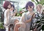  4girls arms_up asakura_tooru bare_shoulders black_hair blonde_hair blue_hair brown_eyes card chair closed_eyes collarbone crossed_legs dress flower fukumaru_koito gradient_hair green_eyes hair_between_eyes highres higuchi_madoka ichikawa_hinana idolmaster idolmaster_shiny_colors mason_jar multicolored_hair multiple_girls open_mouth purple_hair red_hair see-through sitting sonsoso wavy_mouth white_dress 