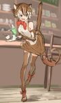  1girl action animal_ears bare_shoulders blue_eyes blush boots bow bowtie brown_footwear brown_gloves brown_hair brown_legwear brown_skirt cat cat_ears cat_girl cat_tail coffee commentary_request don3 elbow_gloves eyebrows_visible_through_hair flat-headed_cat_(kemono_friends) full_body gloves high-waist_skirt kemono_friends multicolored_hair nose_blush open_mouth parfait red_bow red_neckwear shirt shoe_bow shoes short_hair skirt sleeveless solo standing standing_on_one_leg tail tail_raised thighhighs tray wavy_hair white_hair white_shirt zettai_ryouiki 