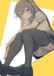  1girl absurdres arm_support blush brown_hair from_below girls_frontline hand_on_own_chin highres hyury juice_box light_smile loafers long_hair looking_at_viewer one_side_up panties pantyshot scar scar_across_eye shoes skirt solo thighhighs thighs ump45_(girls_frontline) underwear yellow_eyes 