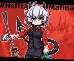  1girl ahoge black_neckwear breasts character_name collared_shirt copyright_name demon_girl demon_horns demon_tail eyebrows_visible_through_hair helltaker horns large_breasts long_sleeves looking_at_viewer malina_(helltaker) messy_hair necktie red_eyes red_shirt setter_(seven_stars) shirt short_hair solo tail white_hair 