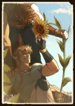  2boys bangs bara bare_shoulders belt blonde_hair blue_eyes bracelet brown_hair caesar_anthonio_zeppeli catneylang chest cloud cloudy_sky covered_abs day facial_mark feathers fingerless_gloves flower gloves gradient_hair green_eyes hair_between_eyes hair_feathers hand_on_another&#039;s_shoulder headband highres holding holding_flower jewelry jojo_no_kimyou_na_bouken joseph_joestar_(young) light looking_at_viewer male_focus medium_hair multicolored_hair multiple_boys muscle outdoors pants pectorals plant scarf shirt short_sleeves sitting sky sleeveless smile standing sunflower upper_body yaoi 
