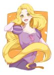  1girl :d a_mane_h absurdres blonde_hair dress green_eyes hand_in_hair highres long_hair looking_at_viewer open_mouth puffy_short_sleeves puffy_sleeves purple_dress rapunzel rapunzel_(disney) short_sleeves smile solo upper_body very_long_hair 