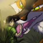  1:1 ambiguous_gender arokha_(human) black_hair black_nose brown_body brown_fur canid canine cheek_tuft chest_tuft clenched_teeth clothed clothing colored digital_media_(artwork) duo evil_grin eye_contact facial_tuft fangs feral forced fox fur grass green_clothing green_eyes green_shirt green_topwear hair human imminent_vore jym licking looking_at_another looking_down looking_up mammal micro multicolored_body multicolored_fur open_mouth open_smile orange_body orange_fur shaded shirt size_difference smile standing teeth tongue tongue_out topwear tuft velociawesome vore white_body white_fur white_tuft 