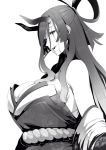  1girl :d bare_shoulders breasts cleavage detached_sleeves dress facial_mark fate/grand_order fate/requiem fate_(series) from_side greyscale hair_rings half_updo highres horns japanese_clothes kijo_kouyou_(fate) large_breasts long_hair looking_to_the_side monochrome nakamura_regura open_mouth rope sidelocks smile smirk strapless strapless_dress upper_body 