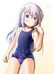  1girl blue_eyes blue_hair commentary_request flat_chest gochuumon_wa_usagi_desu_ka? hair_ornament highres inakami kafuu_chino light_blue_hair long_hair looking_at_viewer lying school_swimsuit signature simple_background solo swimsuit white_background x_hair_ornament 