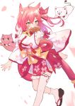  1girl 35p_(miko_channel) animal_ears cat cat_ears cherry_blossom_print floral_print food food_in_mouth green_eyes hair_ornament hairclip highres hololive kintoki_(miko_channel) leg_garter long_hair paw_print_pattern petals pink_cat pink_hair roke_(taikodon) sakura_miko sandals single_thighhigh taiyaki thighhighs virtual_youtuber wagashi white_background white_cat white_legwear x_hair_ornament 