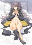  1girl bottomless brown_hair fingerless_gloves flat_chest girls_frontline gloves hair_between_eyes hair_ornament jacket long_hair looking_at_viewer lying naked_jacket navel on_back one_side_up panties panties_around_one_leg pantyhose pantyhose_around_one_leg pillow scar scar_across_eye smile ump45_(girls_frontline) underwear very_long_hair yellow_eyes zutta 