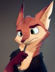  2020 absurd_res anthro canid canine cheek_tuft clothing dipstick_ears facial_tuft fox fur gradient_background green_eyes head_tuft hi_res holding_object mammal multicolored_ears neck_tuft notched_ear pointedfox pointedfox_(character) shirt simple_background solo topwear tuft 