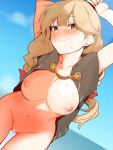  1girl arms_up blonde_hair blush braid breasts brown_eyes censored closed_mouth faye_(fire_emblem) fire_emblem fire_emblem_echoes:_shadows_of_valentia heart heart_censor hekiga_(freelot) highres long_hair nipples solo twin_braids 