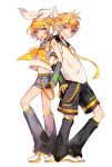  1boy 1girl back-to-back bangs belt black_collar black_shorts black_sleeves blonde_hair blue_eyes bow collar commentary crop_top derivative_work detached_sleeves full_body grey_collar grey_shorts grey_sleeves hair_bow hair_ornament hairclip headphones heel_up highres kagamine_len kagamine_rin leg_warmers locked_arms looking_at_viewer makoji_(yomogi) midriff nail_polish neckerchief necktie open_mouth sailor_collar school_uniform shirt short_hair short_ponytail short_shorts short_sleeves shorts simple_background smile spiked_hair standing swept_bangs vocaloid vocaloid_boxart_pose white_background white_bow white_footwear white_shirt yellow_nails yellow_neckwear 