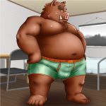  1:1 2013 anthro belly blush brown_body brown_fur detailed_background digital_media_(artwork) fur humanoid_hands inside kemono male mammal moobs navel nipples overweight overweight_male solo suid suina sus_(pig) toshi_(artist) wild_boar 