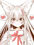  1girl animal_ear_fluff animal_ears bangs box closed_mouth eyebrows_visible_through_hair fox_ears gift gift_box hair_between_eyes heart highres holding holding_gift japanese_clothes kimono long_hair looking_at_viewer original red_eyes simple_background smile solo spoken_heart upper_body white_background white_hair white_kimono yuuji_(yukimimi) 