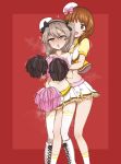  2girls absurdres ahegao alternate_costume aomushi_(mushamusha) bangs bare_shoulders beret black_bow black_ribbon blush boots bow brown_eyes brown_hair commentary cross-laced_footwear double_horizontal_stripe eyebrows_visible_through_hair frilled_skirt frills girls_und_panzer groping hair_ribbon half-closed_eyes hat hat_bow highres holding_pom_poms hug hug_from_behind jacket knee_boots lace-up_boots light_brown_eyes light_brown_hair long_hair looking_at_viewer midriff mini_hat miniskirt motion_lines multiple_girls navel nishizumi_miho open_mouth pink_bow pleated_skirt pom_poms pussy_juice red_background ribbon saliva shimada_arisu shirt short_hair side_ponytail skindentation skirt smile socks standing steam tearing_up thigh_straddling thighhighs tilted_headwear trembling white_footwear white_headwear white_legwear white_shirt white_skirt yellow_jacket 