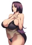  1girl absurdres bangs bare_shoulders black_bra black_panties bra breasts cleavage collarbone curvy fate/grand_order fate_(series) hand_on_own_chest harstfazn highres large_breasts long_hair minamoto_no_raikou_(fate/grand_order) navel panties parted_bangs pink_lips purple_eyes purple_hair standing thighs underwear very_long_hair 