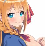  1girl ascot blue_eyes blurry blush braid breasts cleavage closed_mouth hair_ribbon large_breasts long_hair looking_at_viewer lunch_(lunch3) orange_hair pecorine princess_connect! princess_connect!_re:dive red_neckwear red_ribbon ribbon simple_background single_braid smile solo upper_body white_background 