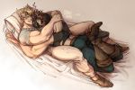  2boys arm_hug bangs bara bare_shoulders bed bed_sheet belt blonde_hair blue_eyes blush brown_hair caesar_anthonio_zeppeli catneylang couple crossed_legs facial_mark feathers full_body gradient_hair green_eyes hair_feathers headband heart highres hug indoors jojo_no_kimyou_na_bouken joseph_joestar_(young) looking_at_another lying male_focus mask multicolored_hair multiple_boys muscle on_back on_bed pants pillow shoes short_sleeves smile yaoi younger 