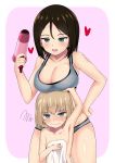  arm_up bangs black_hair blonde_hair blue_eyes blush bra breast_envy breast_lift breast_rest breasts cleavage closed_mouth covering eyebrows_visible_through_hair flat_chest frown girls_und_panzer grey_bra grey_panties hair_dryer half-closed_eyes hand_on_hip heart highres holding holding_hair_dryer holding_towel katyusha_(girls_und_panzer) kuku123 large_breasts long_hair looking_at_another looking_at_viewer nonna_(girls_und_panzer) on_head open_mouth outside_border panties purple_background rounded_corners short_hair skindentation smile squiggle standing sweat swept_bangs towel underwear underwear_only wavy_mouth white_towel 