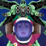  1girl commentary_request gundam gundam_unicorn helmet kshatriya long_hair looking_at_viewer marida_cruz mecha open_mouth orange_hair pilot_suit purple_eyes ribonzu solo space spacesuit 