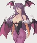  1girl animal_print bat_print black_leotard breasts cleavage cosplay cropped_legs demon_wings doki_doki_literature_club fur_trim head_wings highres large_breasts leotard light_smile long_hair morrigan_aensland morrigan_aensland_(cosplay) pantyhose purple_eyes purple_hair purple_legwear rakeemgarcia sidelocks simple_background sketch thighs vampire_(game) white_background wings yuri_(doki_doki_literature_club) 