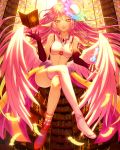  1girl angel_wings book bookshelf breasts bridal_gauntlets chess_piece cleavage closed_mouth crop_top cross crossed_legs feathered_wings gloves gradient_hair halo instagram_username jibril_(no_game_no_life) kimichan large_breasts long_hair looking_at_viewer low_wings magic_circle midriff mismatched_legwear multicolored multicolored_eyes multicolored_hair no_game_no_life orange_eyes pink_hair queen_(chess) shoes sideboob single_shoe smile solo symbol-shaped_pupils tattoo very_long_hair white_wings wing_ears wings yellow_eyes 
