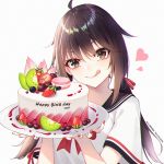  1girl :q ahoge bangs birthday_cake black_sailor_collar blueberry blush bow brown_eyes brown_hair cak cake cherry closed_mouth fingernails food fruit ge_zhong_kuaile hair_ribbon happy_birthday head_tilt heart holding holding_plate kiwi_slice long_hair looking_at_viewer low_twintails macaron nail_polish original plate red_bow red_nails red_ribbon ribbon sailor_collar school_uniform serafuku shirt short_sleeves simple_background smile solo strawberry tongue tongue_out twintails upper_body v-shaped_eyebrows white_background white_shirt 