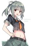  1girl black_shirt cowboy_shot fathom green_skirt grey_hair grey_sailor_collar hair_ribbon hand_on_hip highres kantai_collection looking_at_viewer midriff neckerchief orange_neckwear pleated_skirt ponytail remodel_(kantai_collection) ribbon sailor_collar sailor_shirt school_uniform serafuku shirt simple_background skirt solo white_background white_ribbon yuubari_(kantai_collection) 