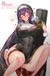  1girl artist_name bangs blush bralines breasts character_name closed_eyes habit hair_between_eyes heart highres large_breasts last_origin long_hair nun open_mouth papupu purple_hair see-through shirt solo veronica_type-asc vibrator wet wet_clothes wet_shirt 