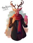 2020 anthro antlers beastars brown_body brown_fur cellphone cervid clothed clothing coat english_text fully_clothed fur hi_res holding_cellphone holding_object holding_phone horn light lighting louis_(beastars) mammal phone scarf simple_background solo soulkiba text topwear 