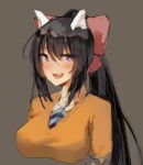  1girl :d animal_ears black_hair blue_neckwear blush bow breasts brown_background cat_ears copyright_request dot_nose fang hair_between_eyes hair_bow large_breasts long_hair looking_at_viewer necktie noccu open_mouth ponytail purple_eyes red_bow simple_background smile solo sweater upper_body yellow_sweater 