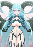  1girl :o absurdres ass_visible_through_thighs blue_hair braid breasts choker collarbone covering covering_breasts cowboy_shot curled_horns dragon_girl fate_(series) floating_hair gloves hair_between_eyes highres horns large_breasts light_blue_hair long_hair looking_at_viewer navel panties pointy_ears pubic_tattoo purple_eyes shoulder_armor simple_background solo symbol-shaped_pupils tattoo tears thigh_gap thighs tiamat_(fate/grand_order) topless underwear very_long_hair wu_yao_jun x_x 