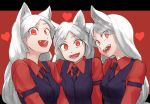  3girls :d animal_ears armband black_vest cerberus_(helltaker) demon_girl dog_ears dog_girl dress_shirt eyebrows_visible_through_hair eyes_visible_through_hair heart helltaker long_hair long_sleeves looking_at_viewer low-tied_long_hair multiple_girls necktie open_mouth red_eyes red_shirt sharp_teeth shirt smile teeth triplets vest white_hair white_horns yotsura 