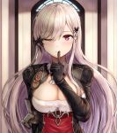  1girl azur_lane black_gloves black_hair breasts buranketo_2 butterfly_hair_ornament cleavage closed_mouth detached_collar dunkerque_(azur_lane) eyebrows_visible_through_hair gloves grey_hair hair_between_eyes hair_ornament highres indoors large_breasts long_hair long_sleeves looking_at_viewer multicolored_hair one_eye_closed purple_eyes sidelocks smile solo 