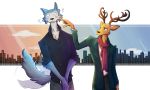  2020 anthro antlers beastars blush bottomwear brown_body brown_fur canid canine canis cervid clothed clothing coat duo fully_clothed fur grey_body grey_fur hi_res horn legoshi_(beastars) light lighting looking_at_another louis_(beastars) male mammal pants poking scar scarf shirt soulkiba tailwag topwear wolf 