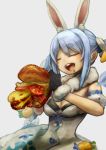  1girl :d animal_ear_fluff animal_ears bacon bangs bare_shoulders beef black_bra black_gloves blue_hair blush bra braid breasts bunny_ears bunny_girl carrot_hair_ornament cheese cleavage closed_eyes derishasuchikin detached_sleeves dress eyebrows_visible_through_hair food food_themed_hair_ornament fur-trimmed_gloves fur_collar fur_trim gloves grey_background grey_dress hair_ornament hamburger highres holding holding_food hololive lettuce long_hair multicolored_hair open_mouth puffy_short_sleeves puffy_sleeves round_teeth saliva short_sleeves sidelocks simple_background small_breasts smile solo strapless strapless_dress teeth thick_eyebrows tomato twin_braids two-tone_hair underwear upper_body upper_teeth usada_pekora white_hair 