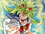  1boy aura bangs biceps bishoujo_senshi_sailor_moon blank_eyes blonde_hair blue_background blue_sailor_collar bow bowtie broly choker clenched_teeth cosplay diadem dragon_ball dragon_ball_z floating_hair green_hair hair_ornament heart heart_choker kim_yura_(goddess_mechanic) long_hair male_focus muscle parted_bangs red_choker red_neckwear sailor_collar sailor_moon sailor_moon_(cosplay) sailor_moon_redraw_challenge school_uniform serafuku shirt short_sleeves solo super_saiyan teeth twintails white_shirt 