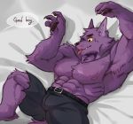  4_fingers abs anthro bed belt bernard_(ok_k.o.!_lbh) black_bottomwear black_clothing bottomwear canid canine canis cartoon_network claws clothed clothing dialogue english_text eyebrows fingers fur furniture hi_res lying male mammal muscular muscular_male nipples ok_k.o.!_let&#039;s_be_heroes on_back on_bed pawpads pecs purple_body purple_fur salga_0310 sharp_teeth solo speech_bubble teeth text tongue tongue_out topless wolf yellow_sclera 