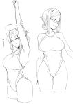  1girl absurdres ass_visible_through_thighs breasts commentary_request competition_swimsuit cowboy_shot folded_ponytail glasses highleg highleg_swimsuit highres kantai_collection katori_(kantai_collection) killing-inthe-name large_breasts lineart monochrome multiple_views one-piece_swimsuit standing swimsuit 