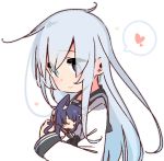  2girls :3 akatsuki_(kantai_collection) animal_ears black_legwear black_sailor_collar blue_eyes cat_ears cat_tail closed_eyes eyebrows_visible_through_hair hair_between_eyes heart hibiki_(kantai_collection) kantai_collection long_hair long_sleeves multiple_girls neckerchief no_hat no_headwear pantyhose purple_hair red_neckwear sailor_collar school_uniform serafuku silver_hair simple_background smile spoken_heart tail upper_body white_background yoru_nai 