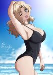  1girl ;d arm_up armpits bangs black_swimsuit blonde_hair blue_eyes blue_sky blurry blurry_background blush breasts bukkuri casual_one-piece_swimsuit cleavage collarbone commentary_request cowboy_shot dated day depth_of_field eyebrows_visible_through_hair from_side girls_und_panzer highres horizon kay_(girls_und_panzer) large_breasts long_hair looking_at_viewer looking_to_the_side ocean one-piece_swimsuit one_eye_closed open_mouth outdoors parted_bangs revision signature sky smile solo sunlight swimsuit water 