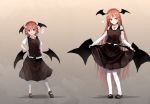  &gt;:) 2girls alternate_hair_length alternate_hairstyle armband bat_wings blush breasts bright_pupils collarbone collared_shirt commentary contrapposto dress_shirt dual_persona full_body futatsuki_eru gradient gradient_background hair_between_eyes hand_on_hip head_tilt head_wings heart height_difference koakuma large_breasts lifted_by_self loafers long_hair long_sleeves low_wings multiple_girls necktie pigeon-toed pointy_ears red_eyes red_hair red_neckwear shirt shoes short_hair short_sleeves simple_background skirt skirt_lift skirt_set slit_pupils thighhighs touhou very_long_hair white_legwear white_pupils wings zettai_ryouiki 