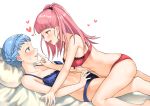  2girls bed blue_hair blush bra braid crown_braid fire_emblem fire_emblem:_three_houses from_side fukuroumori highres hilda_valentine_goneril lingerie long_hair lying marianne_von_edmund multiple_girls on_back open_mouth panties pillow pink_eyes pink_hair ponytail simple_background underwear white_background yuri 