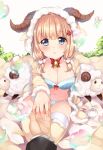  1girl bell blonde_hair blue_bra blue_eyes blue_panties bra breasts bubble looking_at_viewer medium_breasts medium_hair original panties sheep sheep_hood solo_focus underwear usagihime 