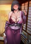  1girl alternate_costume architecture bangs blunt_bangs blush bra breasts cleavage clenched_hand closed_mouth east_asian_architecture english_commentary english_text highres hyuuga_hinata japanese_clothes kimono large_breasts lavender_eyes long_hair looking_at_viewer mole mole_on_breast naruto naruto_(series) obi off-shoulder_kimono purple_bra purple_kimono sash sidelocks smile standing thejnsdh underwear 