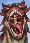  ambiguous_gender anthro bodily_fluids body_in_mouth canid canine canis dragon duo featureless_crotch feral gaping_mouth looking_at_viewer male male/ambiguous mammal mouth_shot muscular muscular_male nude open_mouth oral_vore saliva teeth tongue vore wolf yellow_eyes エンボス 