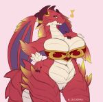  anthro anuvia big_breasts blush bottomless breasts brunhilda_(dragalia_lost) clothed clothing dragalia_lost dragon female genitals hand_on_hip holding_breast membrane_(anatomy) membranous_wings pussy red_body red_scales scales scalie slightly_chubby solo wide_hips wings 