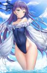  1girl ass_visible_through_thighs bangs bare_hips bare_shoulders blue_eyes blue_ribbon blue_sky blue_swimsuit blush breasts closed_mouth collarbone competition_swimsuit covered_navel day eyebrows_visible_through_hair fate/grand_order fate_(series) frilled_swimsuit frills hair_ribbon highleg highleg_leotard highleg_swimsuit highres kitin leotard long_hair long_sleeves looking_at_viewer meltryllis meltryllis_(swimsuit_lancer)_(fate) one-piece_swimsuit outdoors puffy_long_sleeves puffy_sleeves purple_hair ribbon sky sleeves_past_fingers sleeves_past_wrists small_breasts smile solo straight_hair swimsuit thighs very_long_hair wading water 
