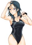  1girl arm_up armpits bare_arms bare_shoulders black_hair black_swimsuit blue_hair breasts byleth_(fire_emblem) byleth_(fire_emblem)_(female) cleavage collarbone commentary competition_swimsuit covered_navel cowboy_shot fire_emblem fire_emblem:_three_houses fukuroumori hand_in_hair highres holding long_hair looking_away looking_to_the_side medium_breasts one-piece_swimsuit parted_lips solo swimsuit water_drop wet wet_clothes wet_hair wet_swimsuit 