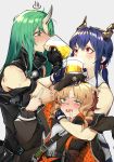  3girls absurdres alcohol arknights arm_ribbon arm_scarf bare_shoulders black_gloves black_headwear black_jacket black_shirt blonde_hair blue_hair blush censored ch&#039;en_(arknights) collared_shirt commentary_request cup dpea9 dragon_horns drill_hair drill_locks drinking eyebrows_visible_through_hair gloves green_eyes green_hair grey_background hair_between_eyes highres horn horns hoshiguma_(arknights) jacket long_hair low_tied_hair middle_finger mosaic_censoring multiple_girls oni_horn oni_horns open_mouth red_eyes ribbon saliva shirt side_drill swire_(arknights) white_shirt 