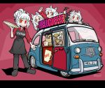  1boy 4girls animal_ear_fluff animal_ears apron bangs blunt_bangs brown_apron cerberus_(helltaker) character_request clothes_writing coffee_mug commentary_request cup ground_vehicle helltaker helltaker_(character) holding holding_cup holding_tray ichinana_(dametetujin17) jojo_no_kimyou_na_bouken license_plate looking_at_viewer lucifer_(helltaker) mug multiple_girls red_background red_eyes short_hair simple_background smile standing stardust_crusaders tray white_hair 
